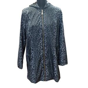 Dennis Basso Womens Leopard Print Hooded Jacket M Black Polyester 35" From Top